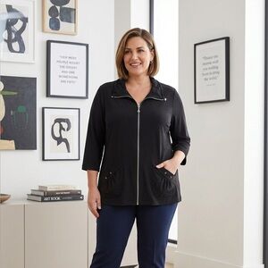 Women's Black Zip-Front Bomber Jacket top plus size lightweight pockets